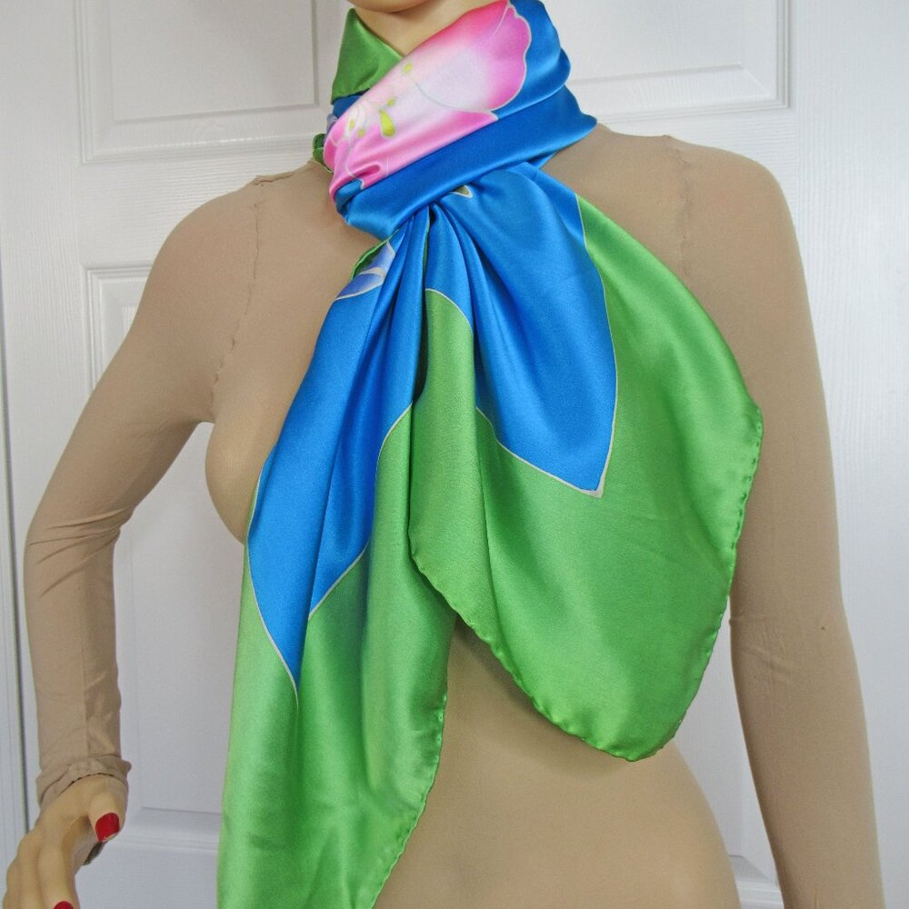 Tropical print 44 inch Scarf / Pareo / Shawl, Green, teal, pink blue floral - Picture 3 of 14